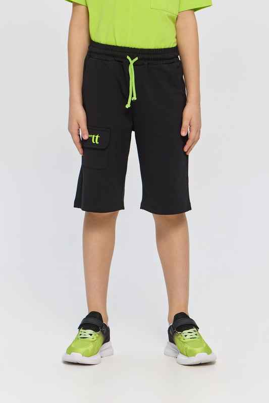 Black with Green Logo Sports Shorts