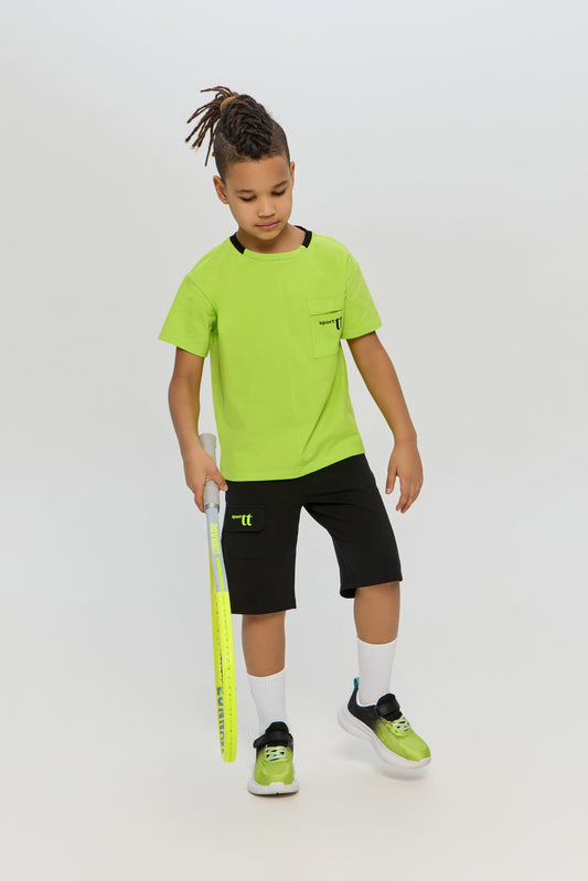 Sports Set Neon Green T-Shirt and Matching Black Shorts