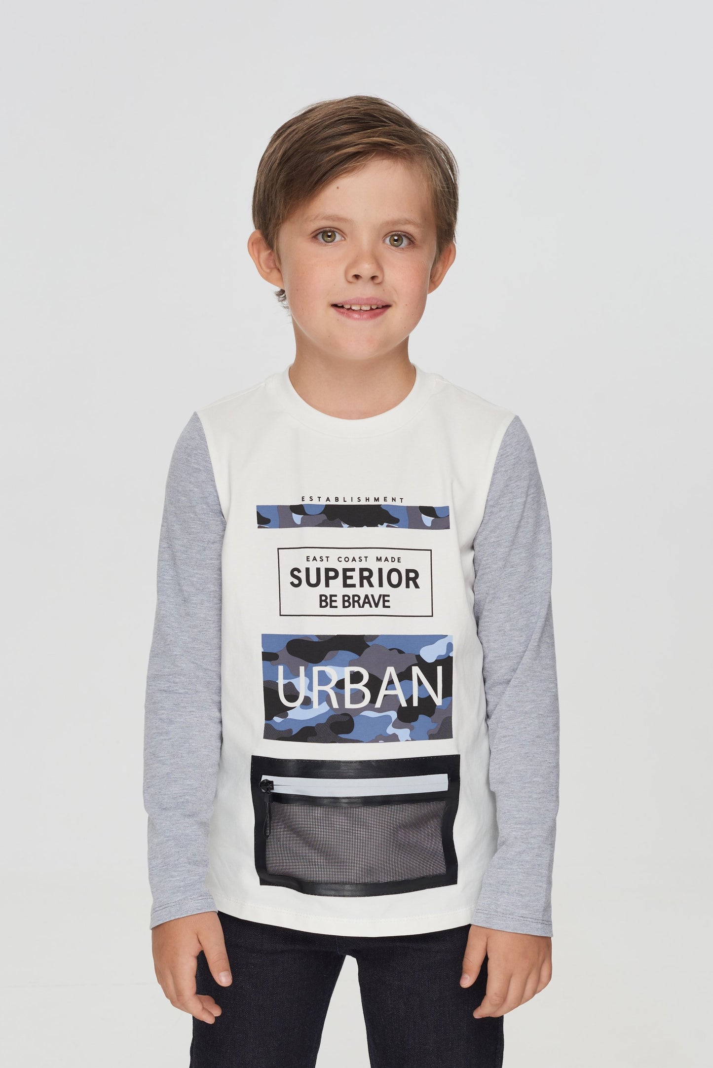 Combined Decorated Pocket LS Tee, ecru and grey