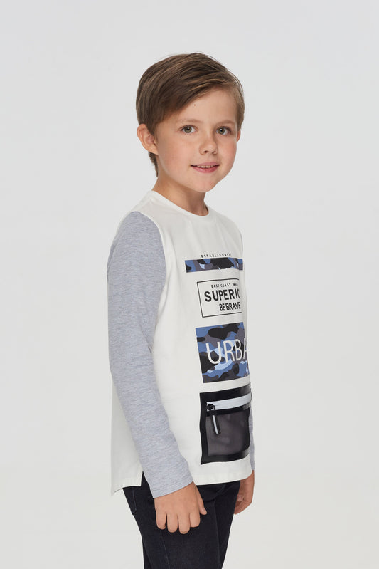 Combined Decorated Pocket LS Tee, ecru and grey