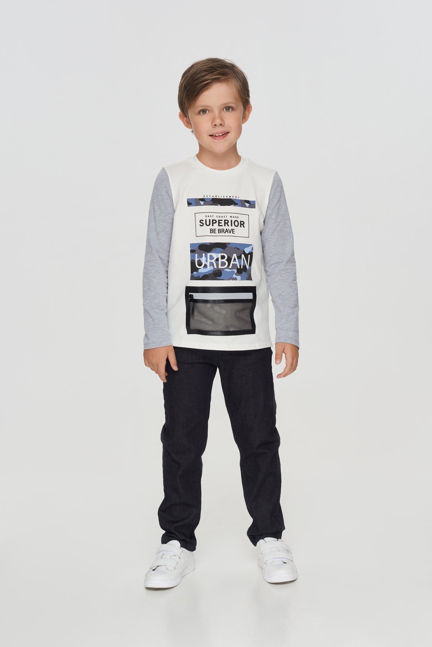 Combined Decorated Pocket LS Tee, ecru and grey