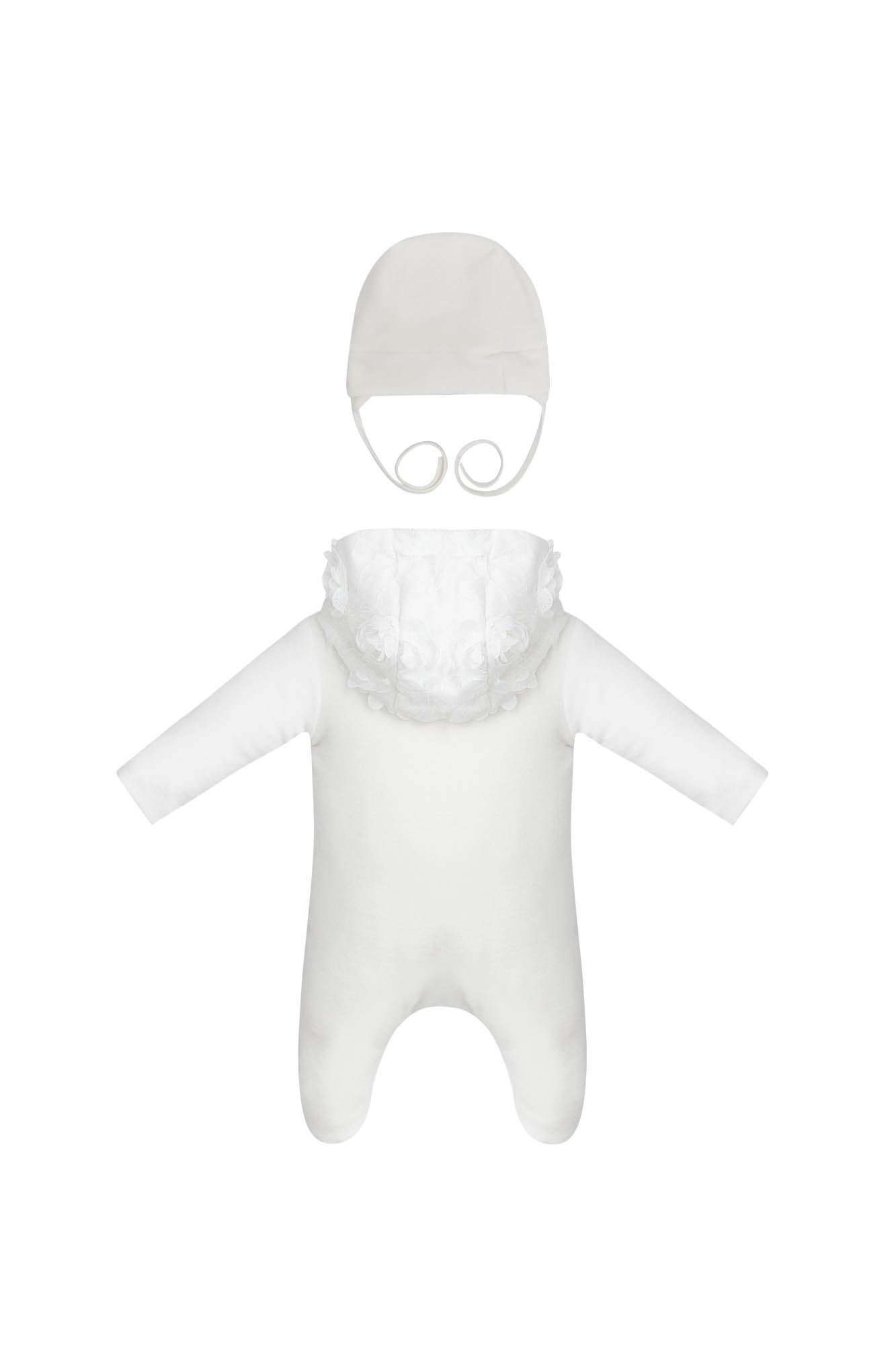 Lace Decorated Warmed Pramsuit and Bonnet Set