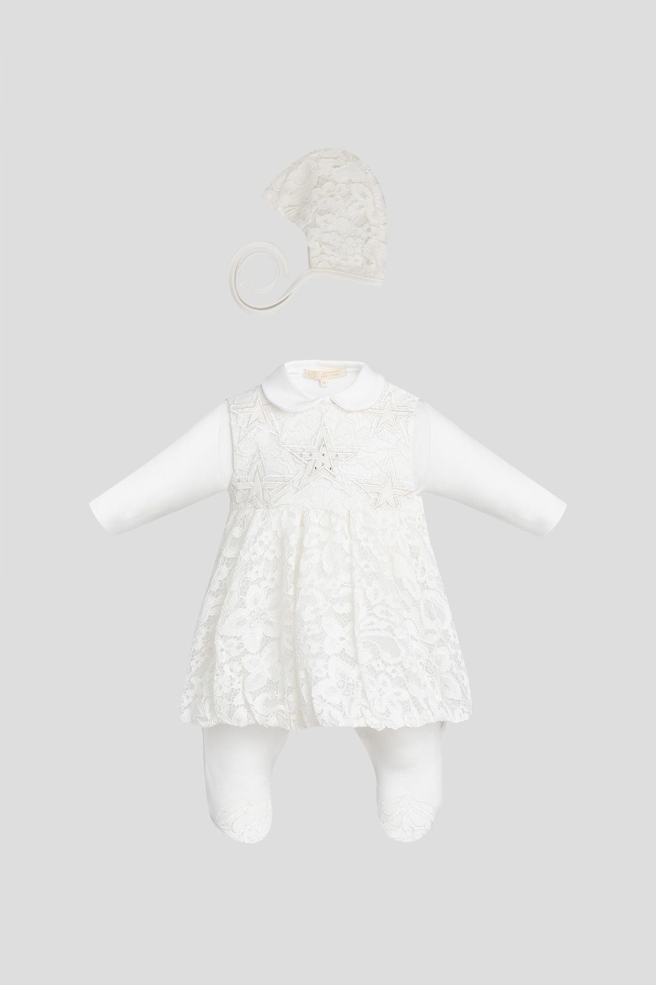 Bow Decorated Overall-Dress and Bonnet Set, ecru(62)
