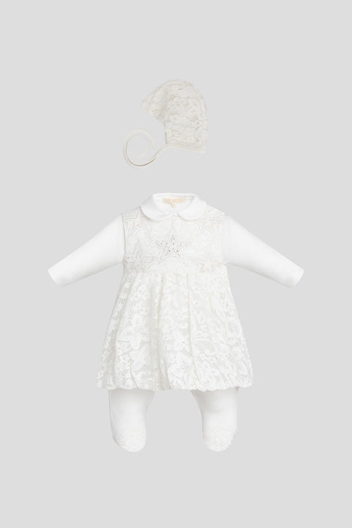 Bow Decorated Overall-Dress and Bonnet Set, ecru(62)