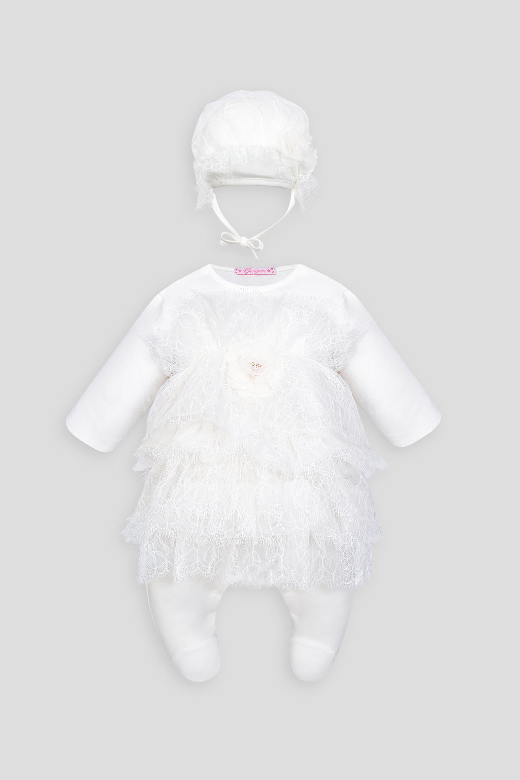 Dress set (overall, bonnet) with lace and flower