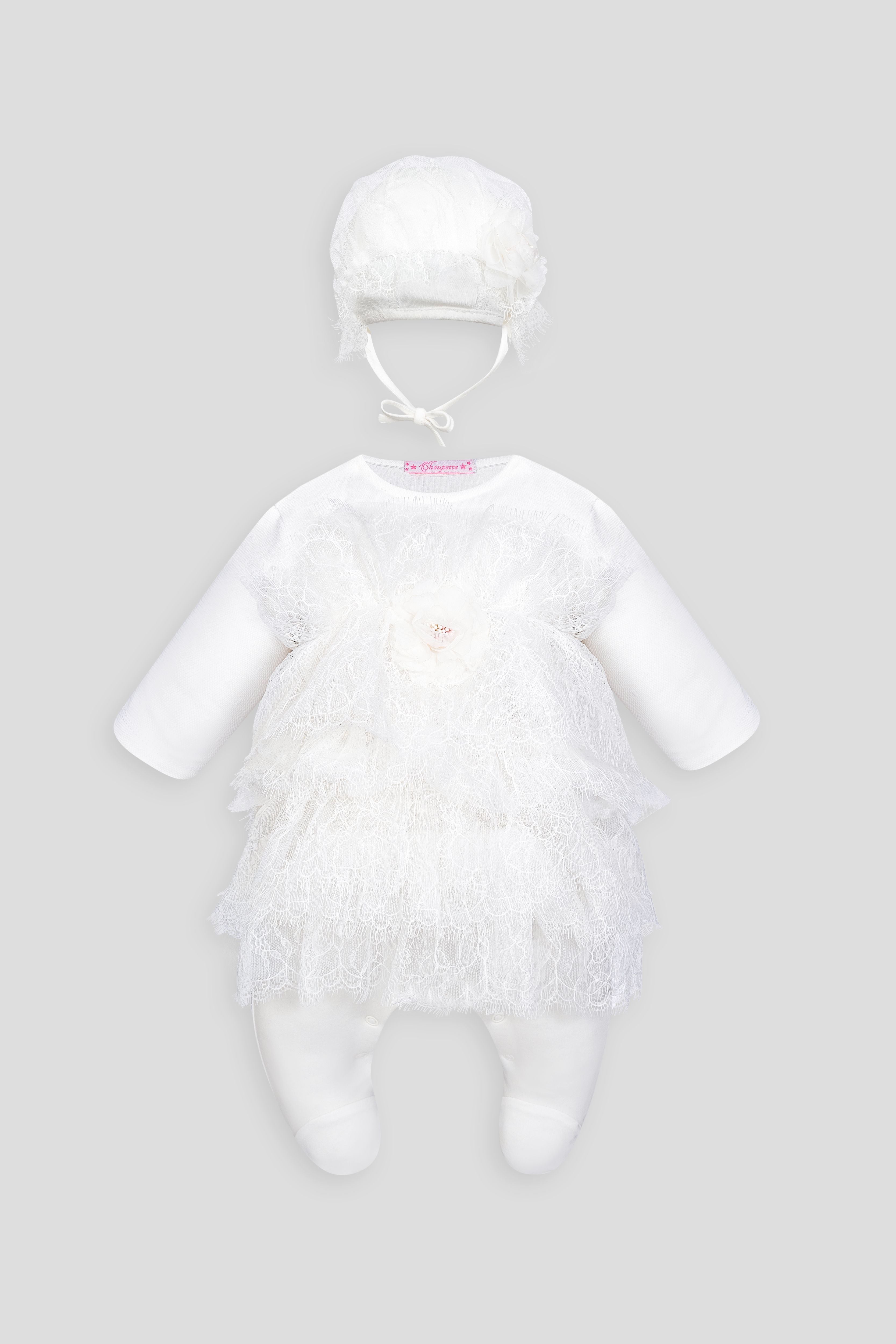 Dress set (overall, bonnet) with lace and flower