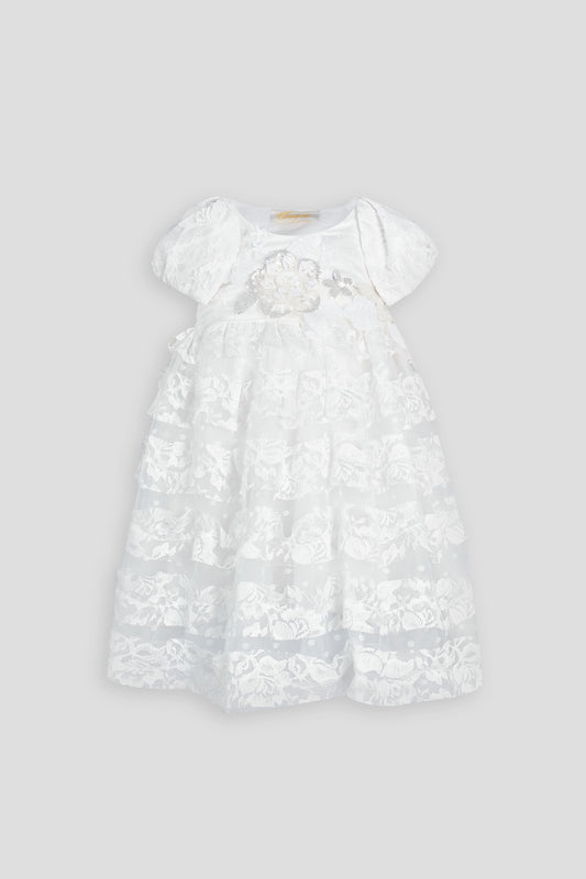 Smart Dress of mesh with ribbons and decor, ecru