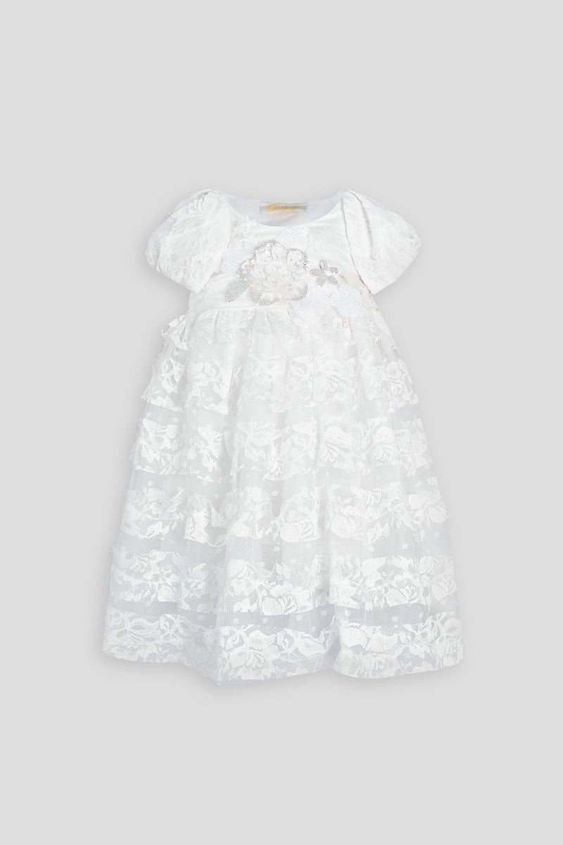 Smart Dress of mesh with ribbons and decor, ecru