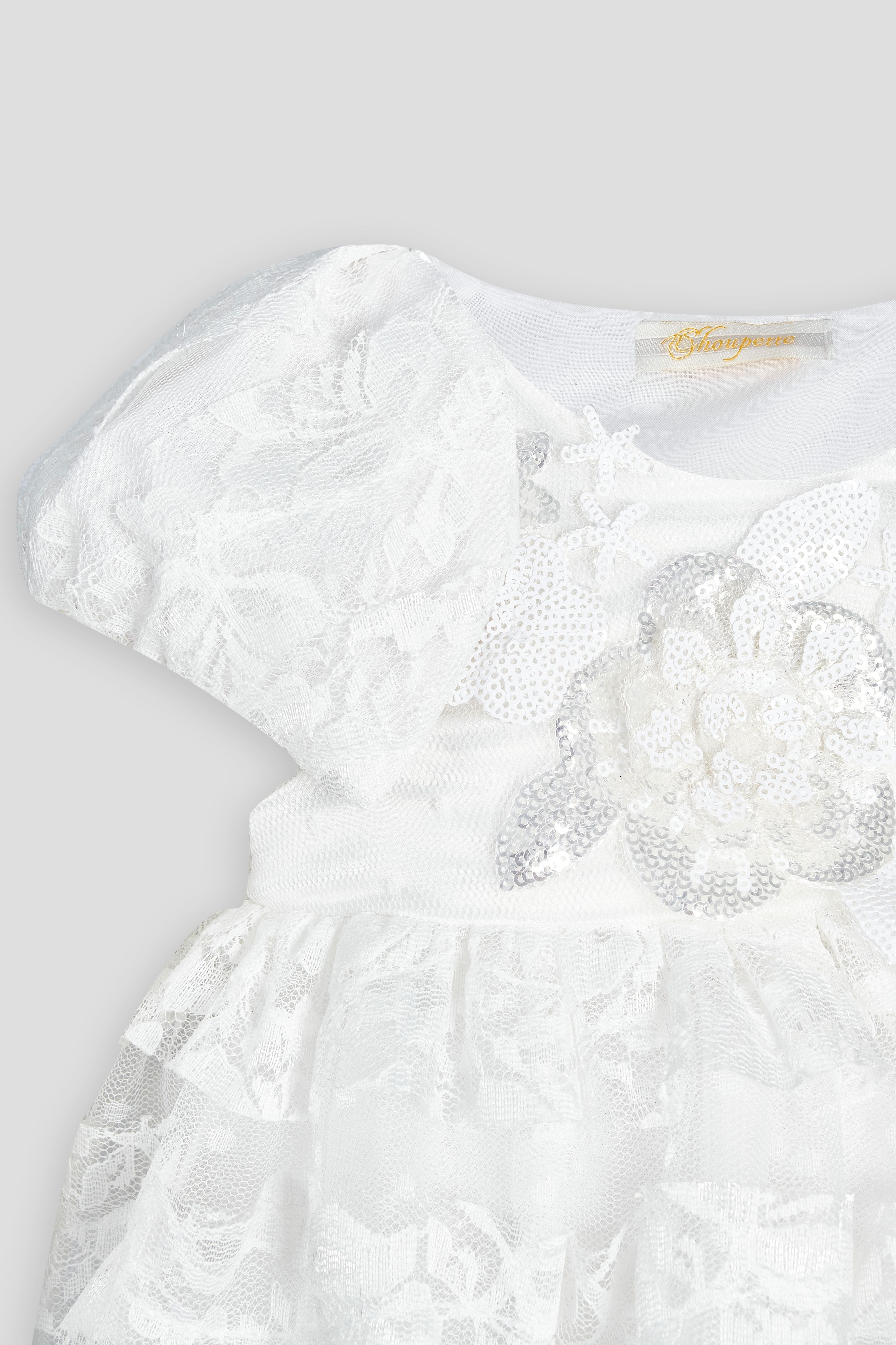 Smart Dress of mesh with ribbons and decor, ecru