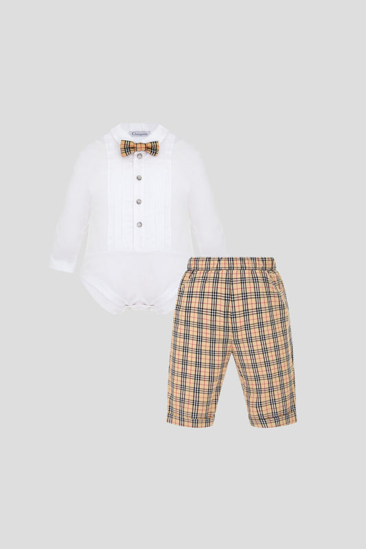 Elegant set (bodysuit and pants), ecru / check