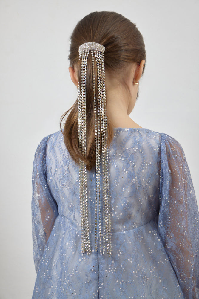 Hair Clip with Long Silver Strings with Crystals