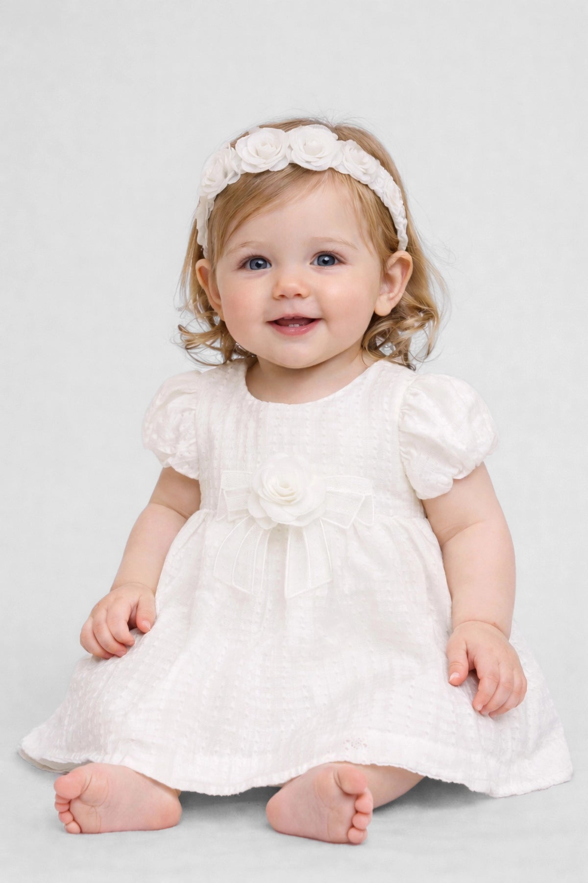 Ecru 3D Flower Dress & Headband Set