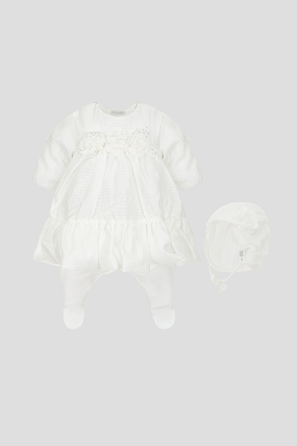 Beautiful Special Occasion Set (overall dress and bonnet), Flower-decorated for newborn