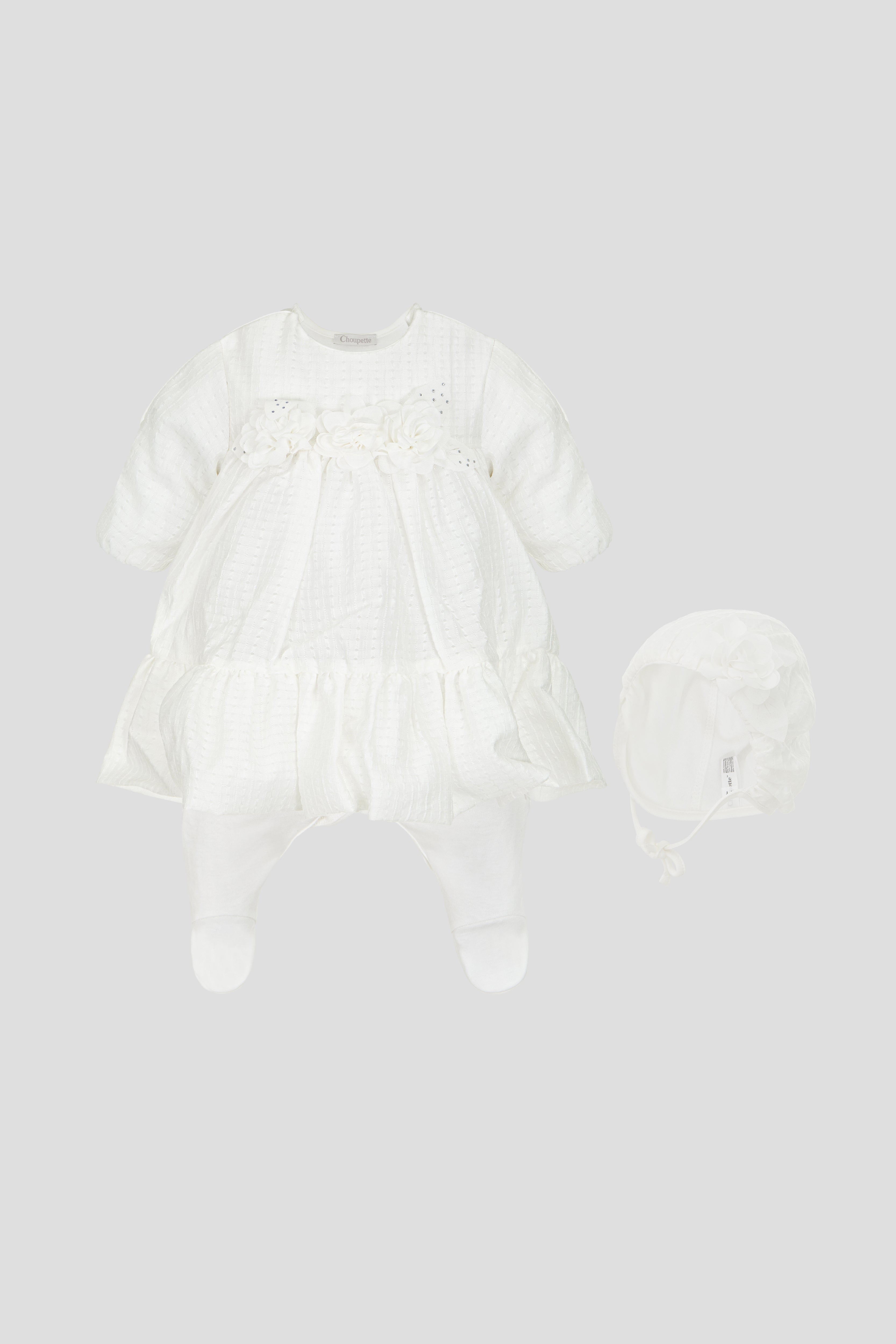 Beautiful Special Occasion Set (overall dress and bonnet), Flower-decorated for newborn