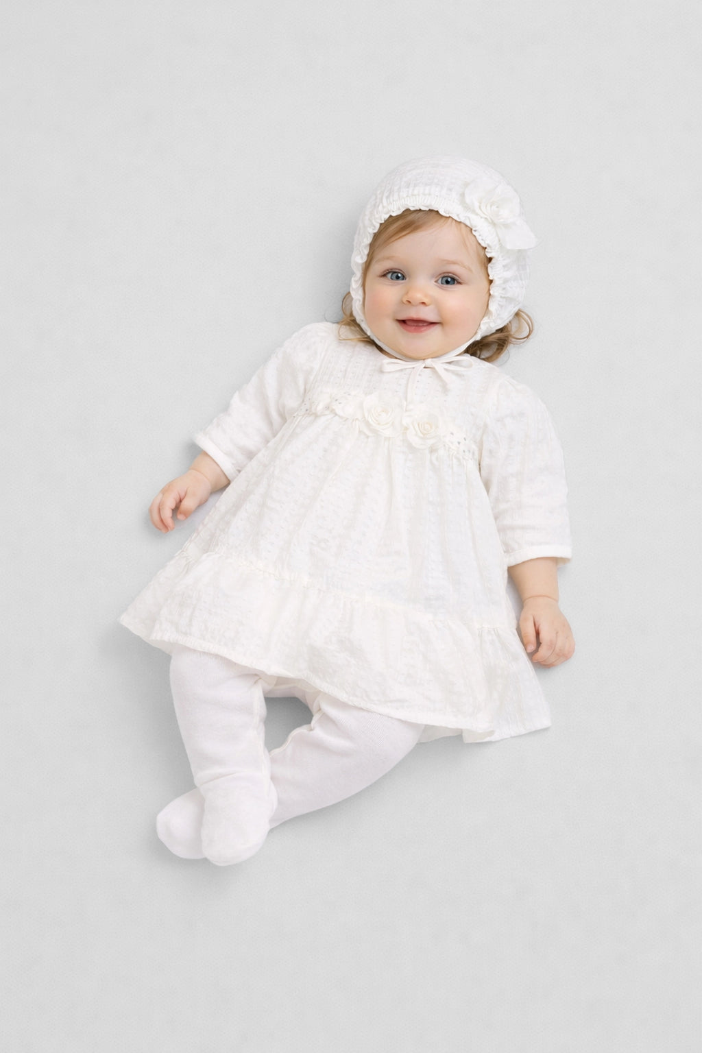 Beautiful Special Occasion Set (overall dress and bonnet), Flower-decorated for newborn