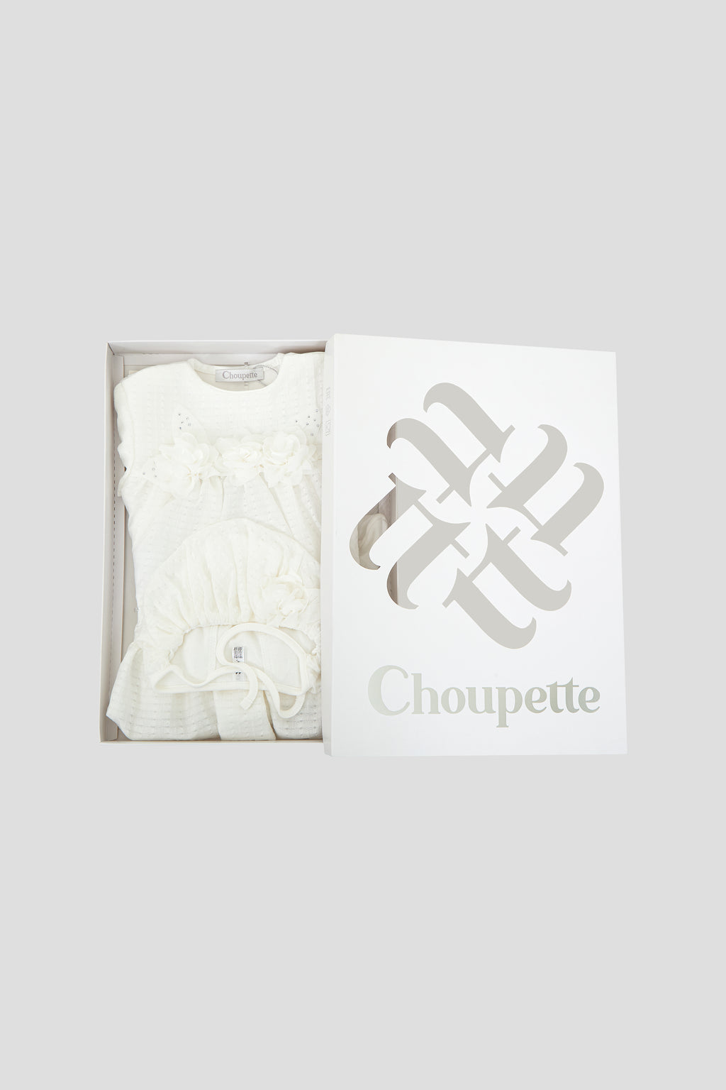 Beautiful Special Occasion Set (overall dress and bonnet), Flower-decorated for newborn