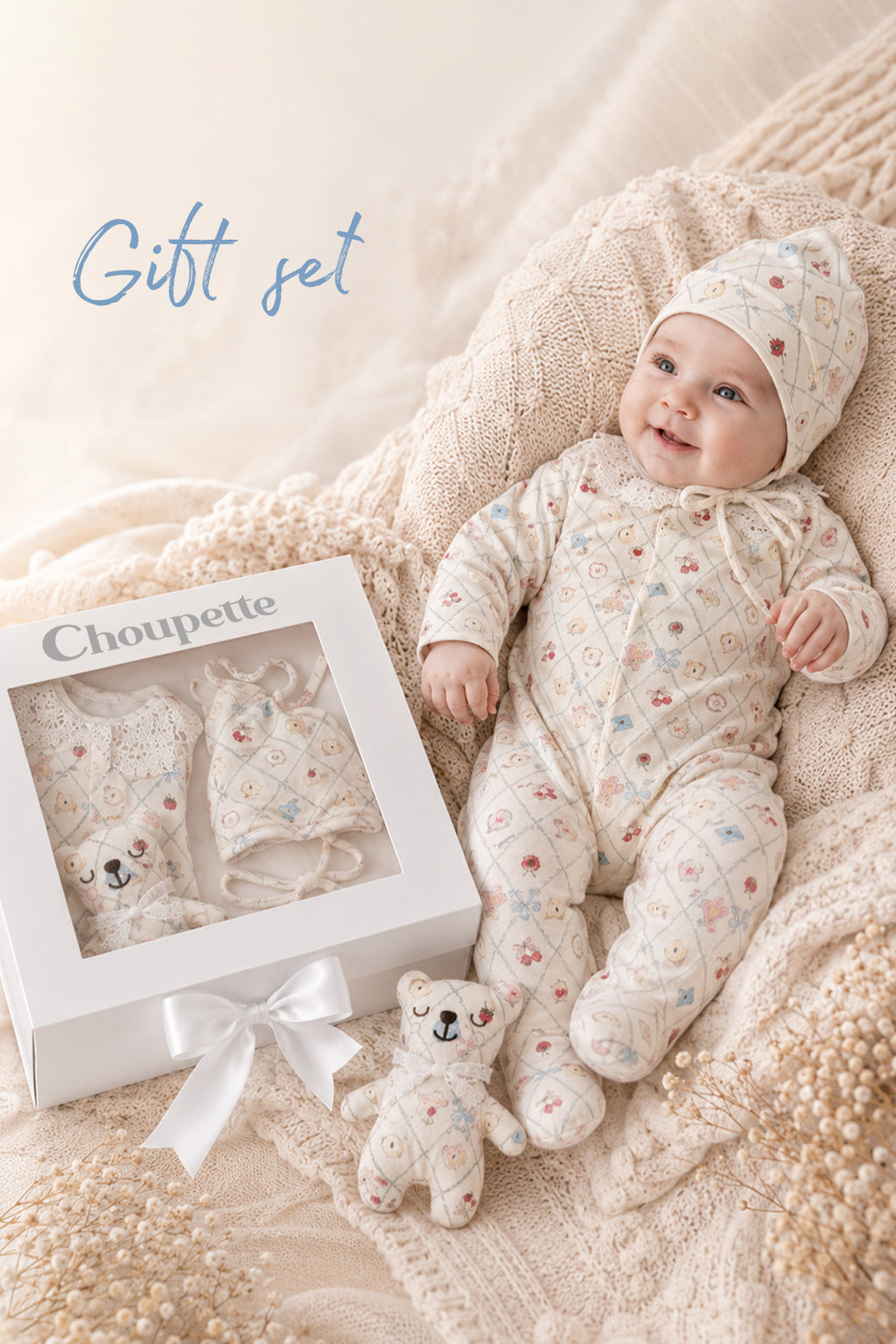 Newborn Cotton Gift Set (overall, hat and toy Bear)
