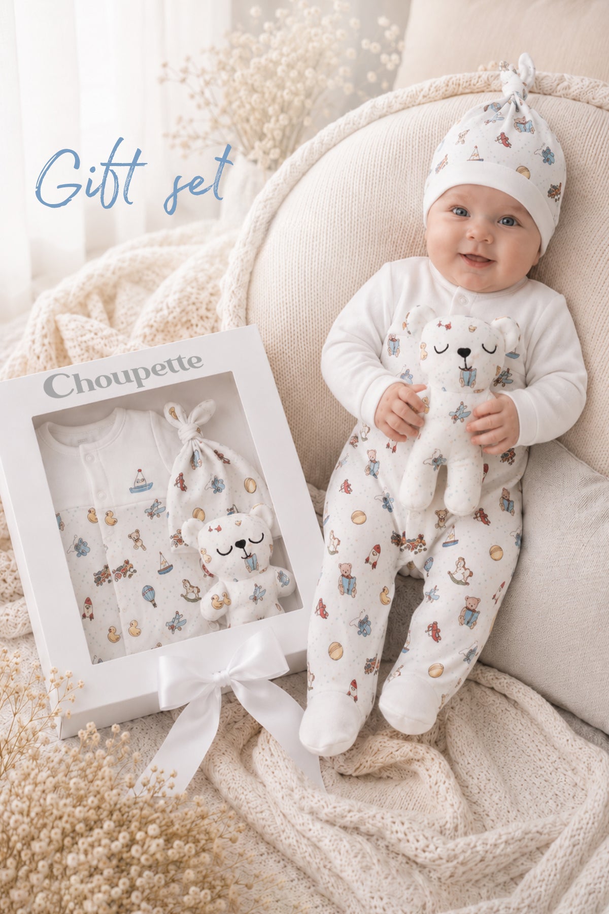 Gift Set (overall, hat and souvenir "Bear") for Newborn