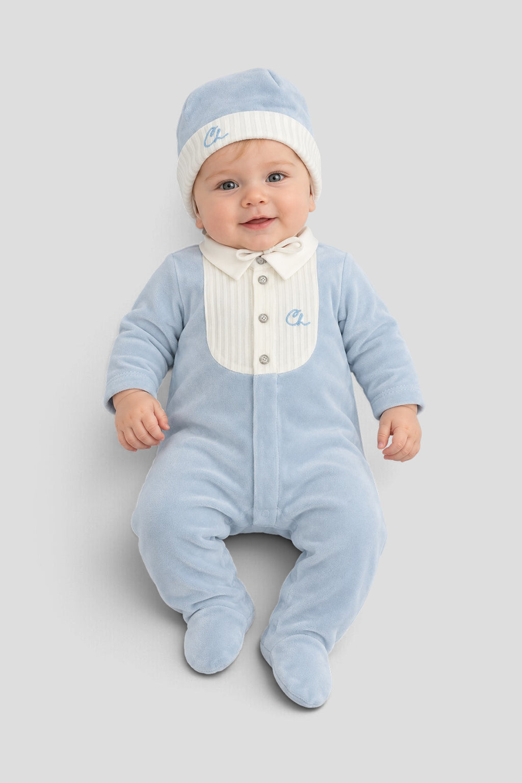 Velour Smart Jumpsuit Set (jumpsuit and bonnet) for baby boy