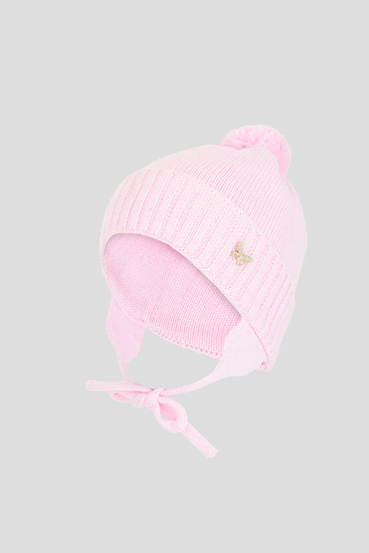 Knitted Hat with pompom and strings for baby girl