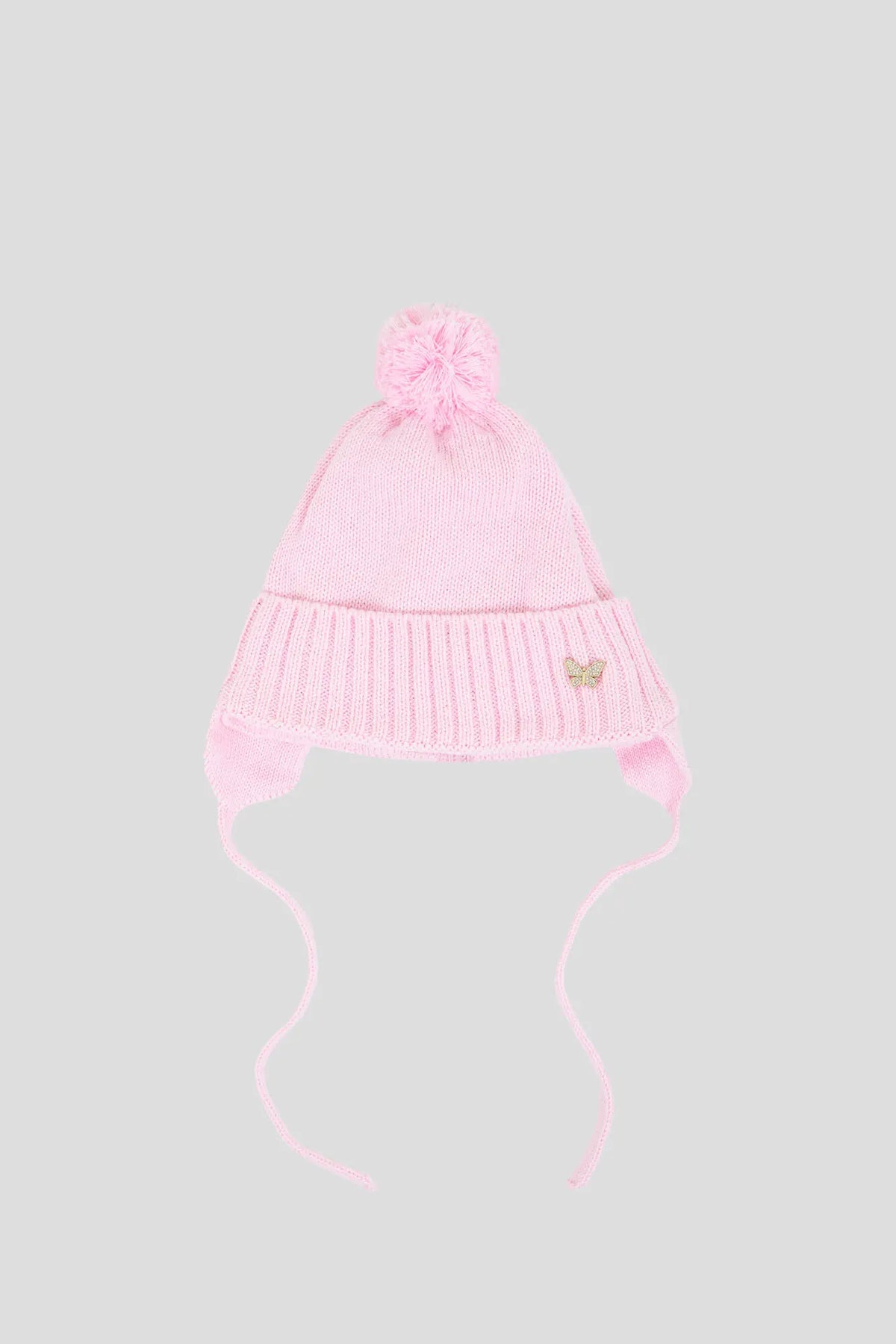 Knitted Hat with pompom and strings for baby girl