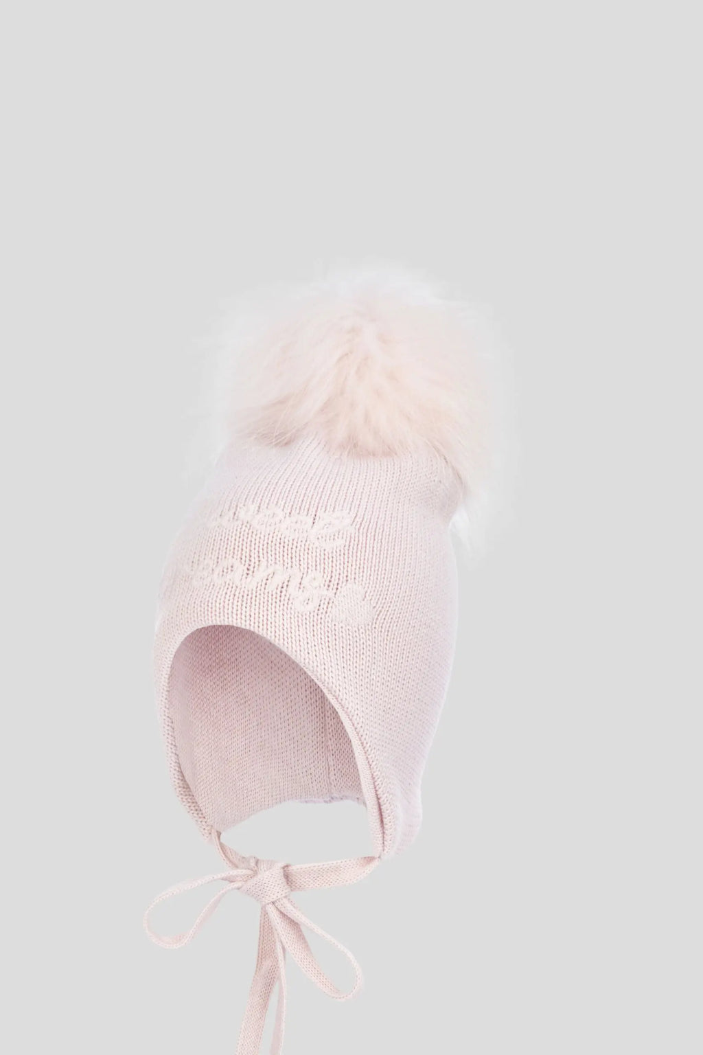 Knitted Hat with Embroidery and Furry Pompom and strings for baby girl