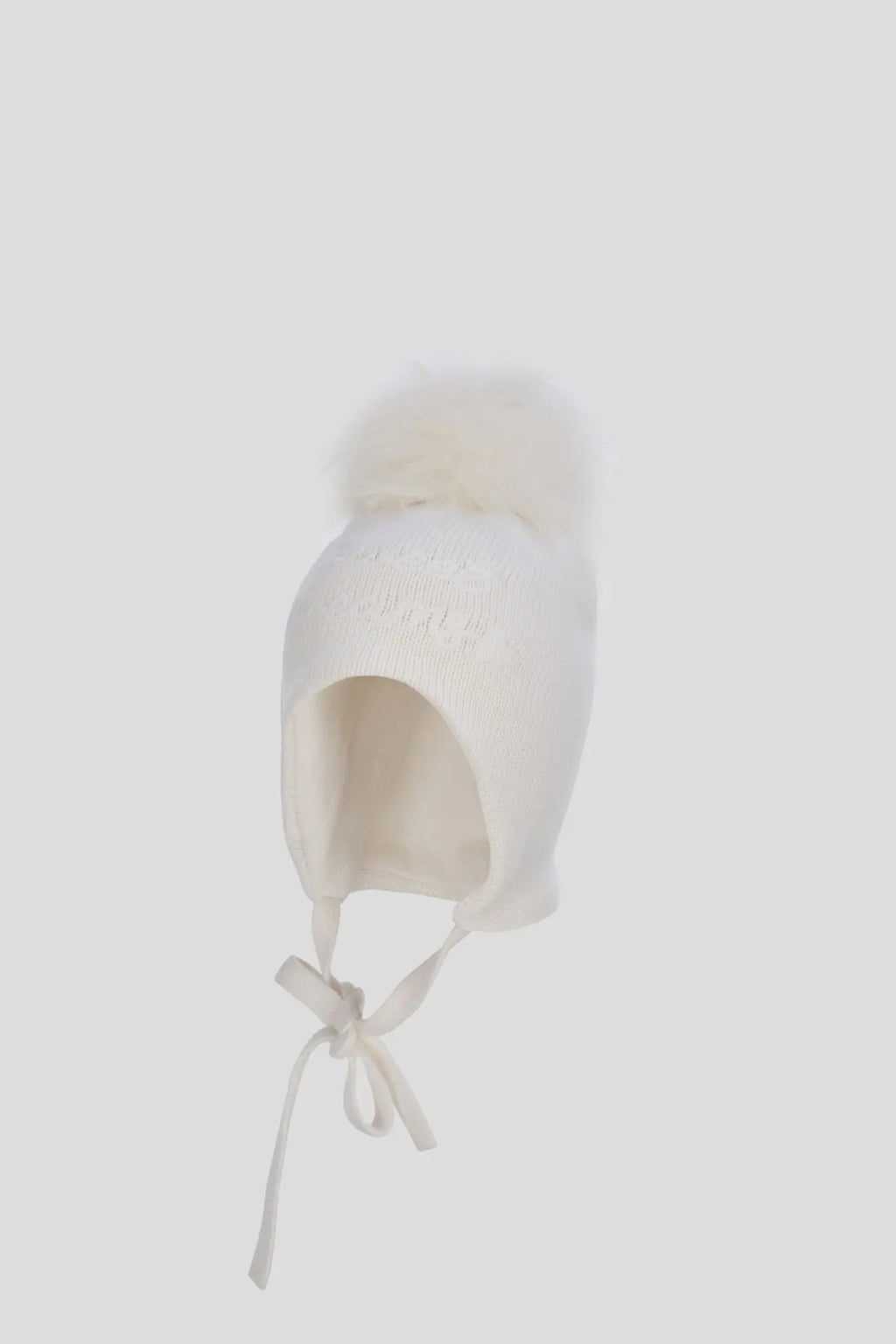 Knitted Hat with Embroidery and fluffy pompom with attached strings for baby girl