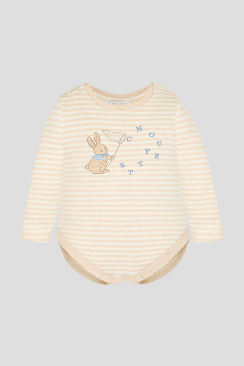 Beige Cotton Bodysuit, Footed Pants and Hat Set
