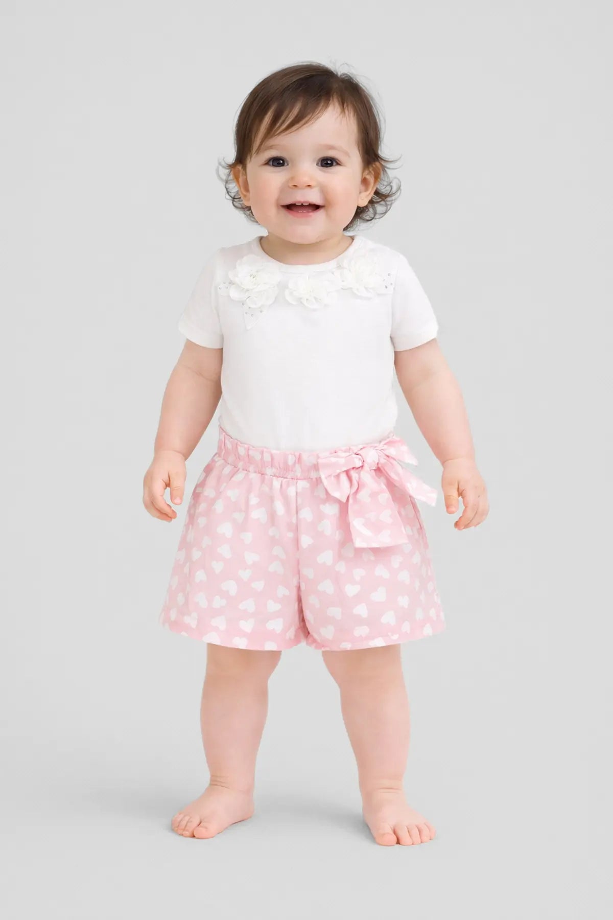 Heart Printed Cotton Shorts with Bow for Baby Girl