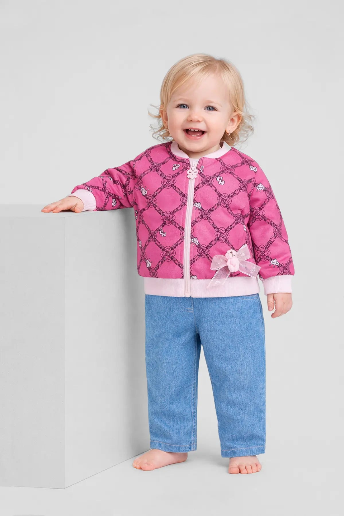 Signature Print Bomber with 3D Bear
