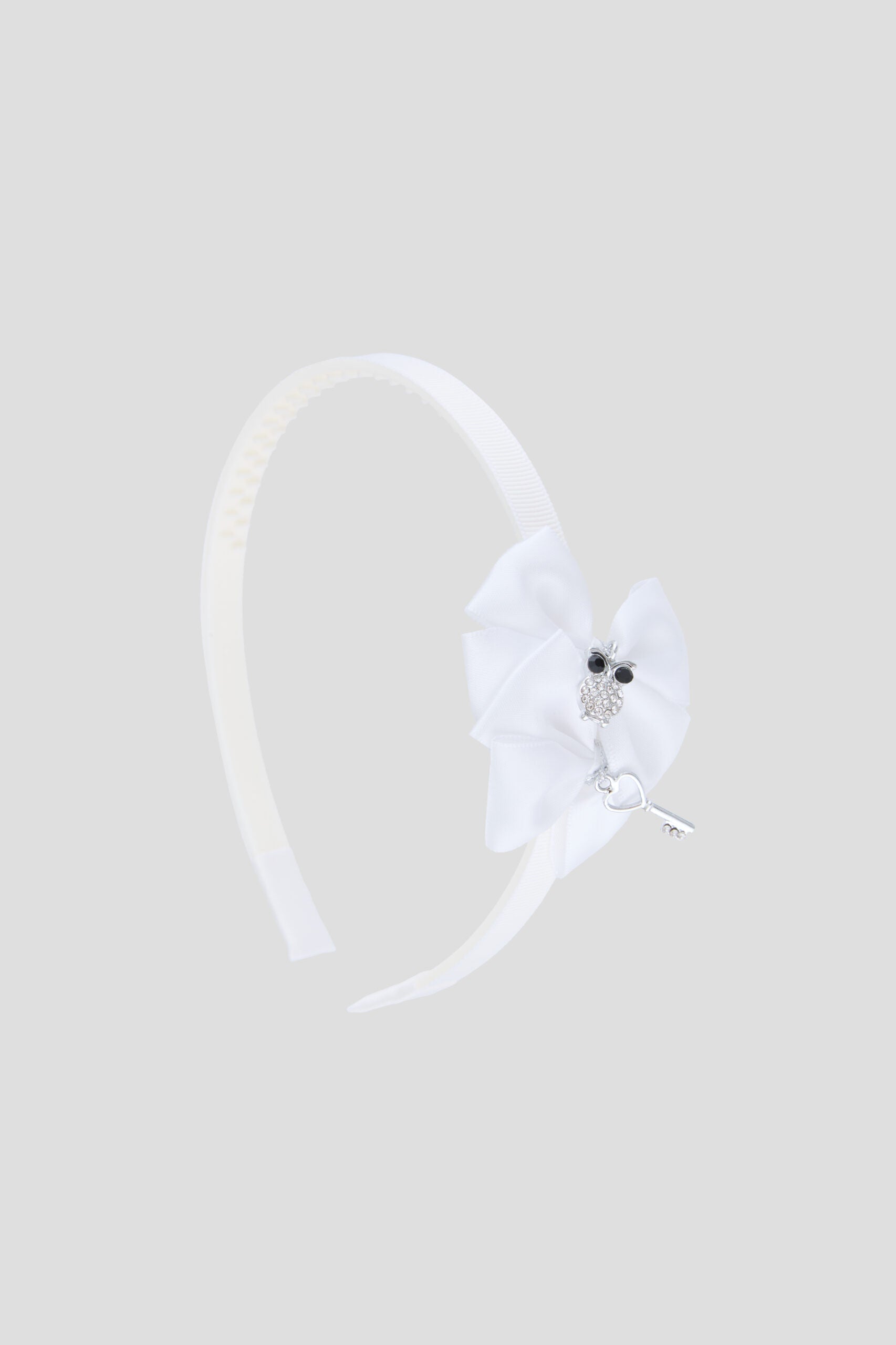 White Bow Headband with Miniature Owl and Key