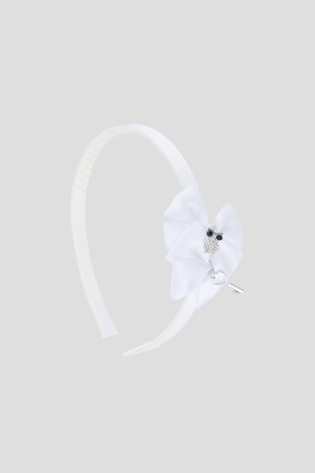 White Bow Headband with Miniature Owl and Key