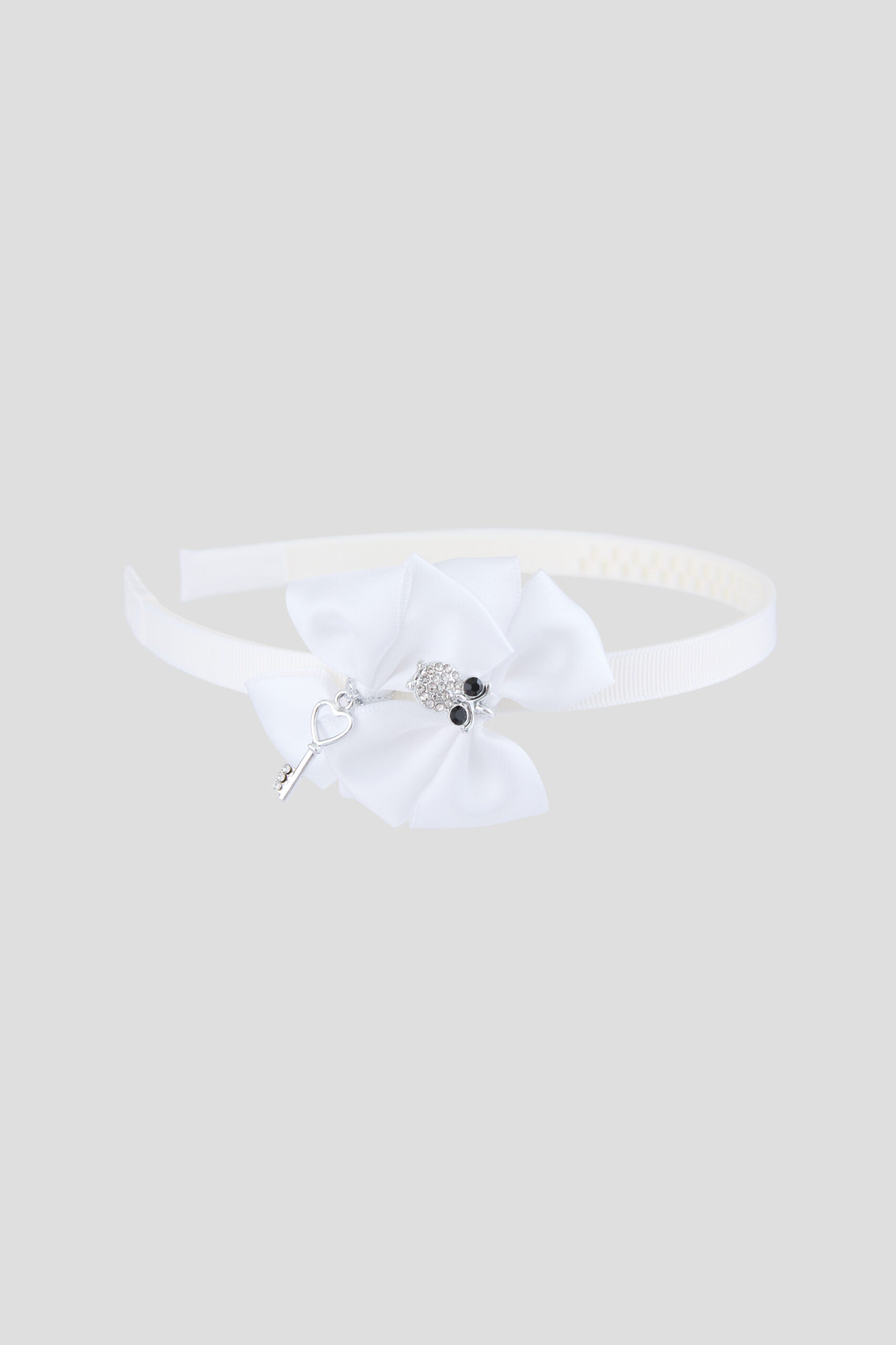 White Bow Headband with Miniature Owl and Key