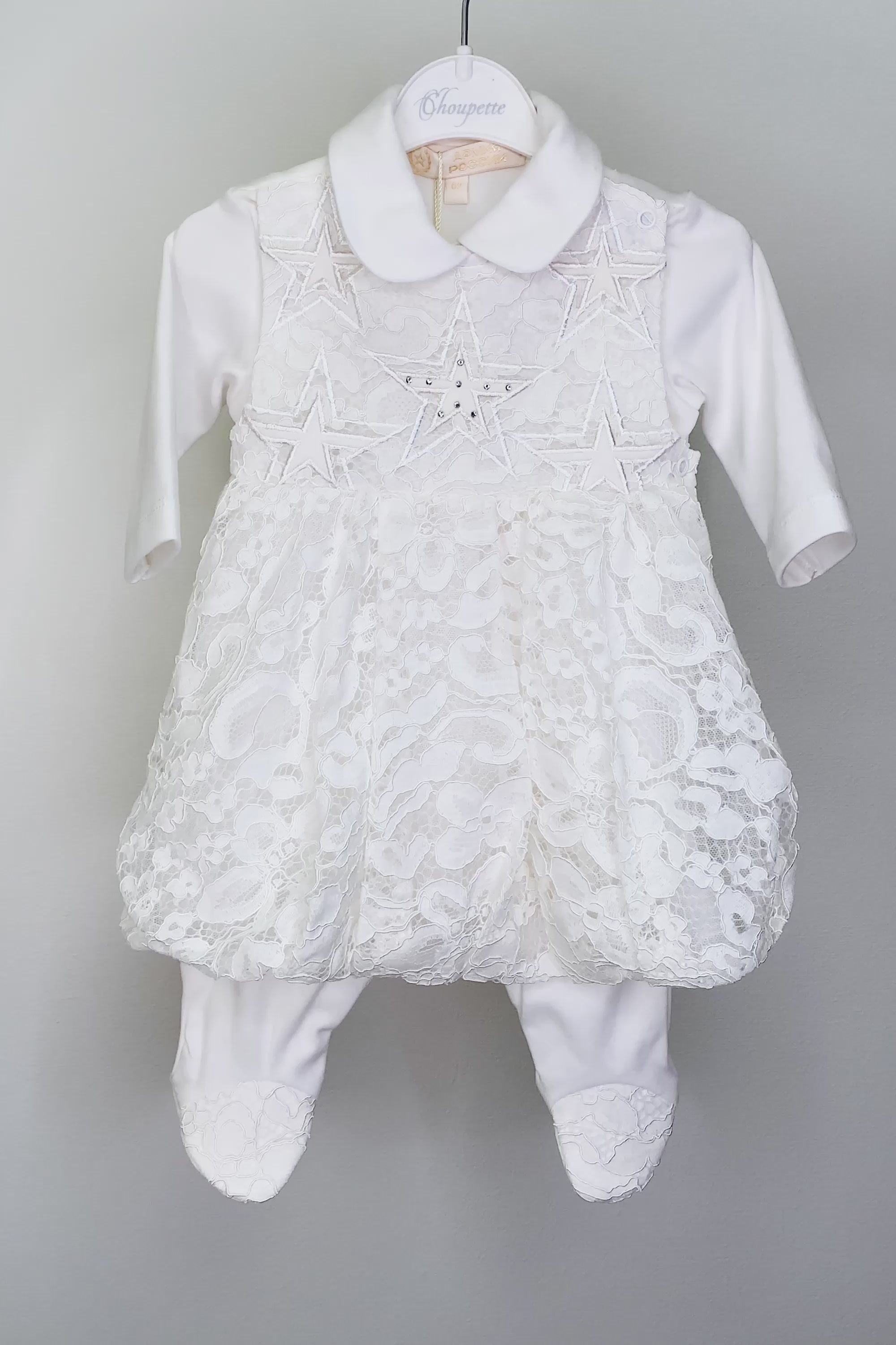 Bow Decorated Overall-Dress and Bonnet Set, ecru(62)