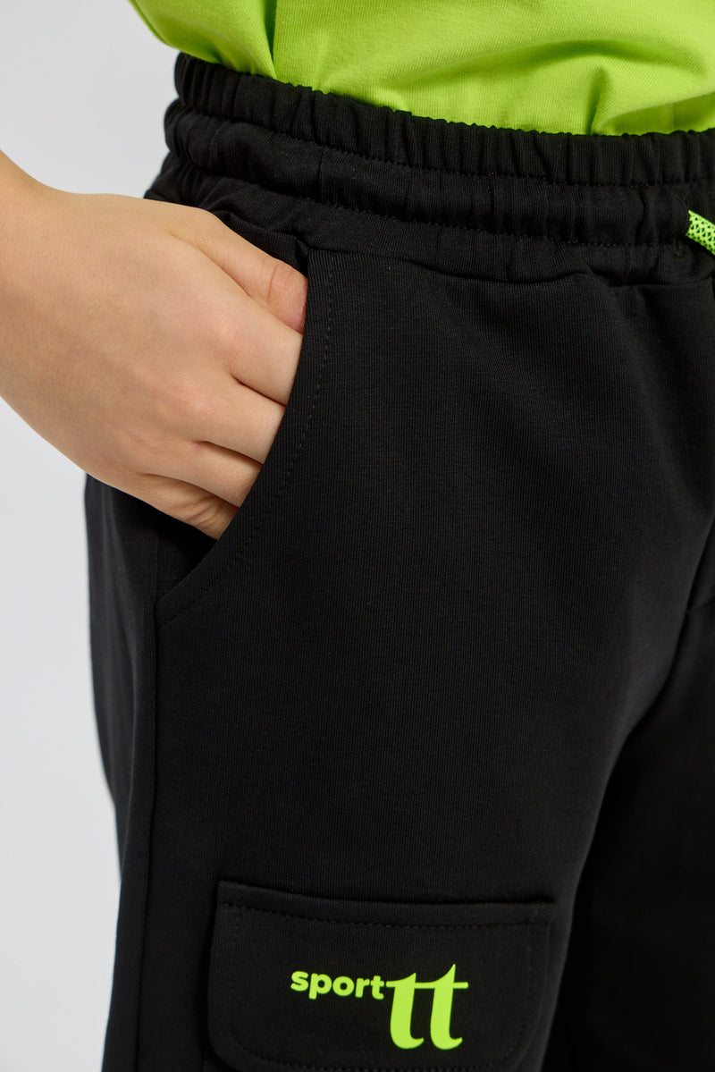 Black with Green Logo Sports Shorts