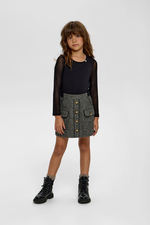 Black and White Wool-Blend Herringbone Skirt with Gold-Tone Buttons