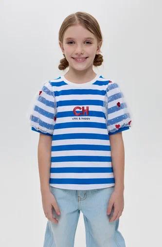 Flouncy Hearts Sleeves T-shirt, blue stripes
