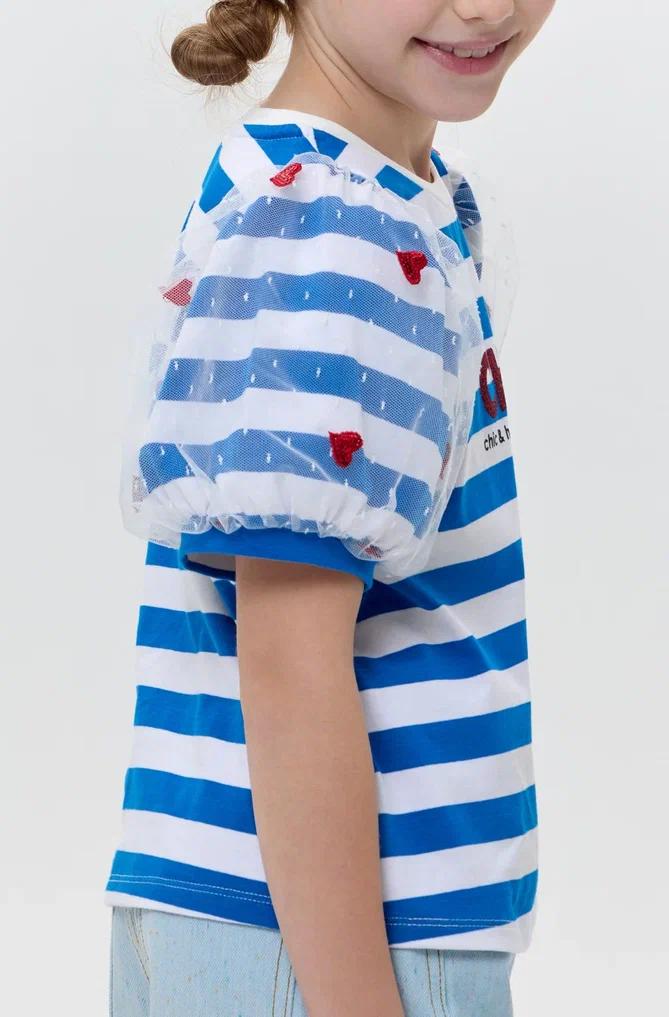 Flouncy Hearts Sleeves T-shirt, blue stripes