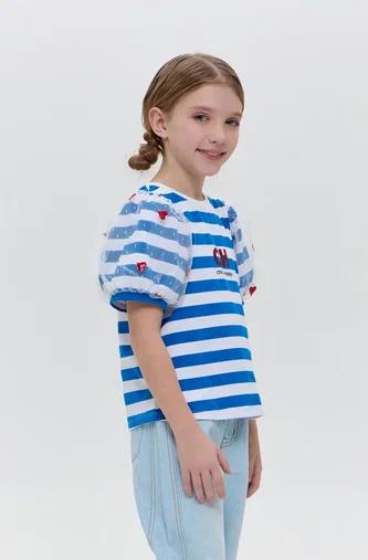 Flouncy Hearts Sleeves T-shirt, blue stripes