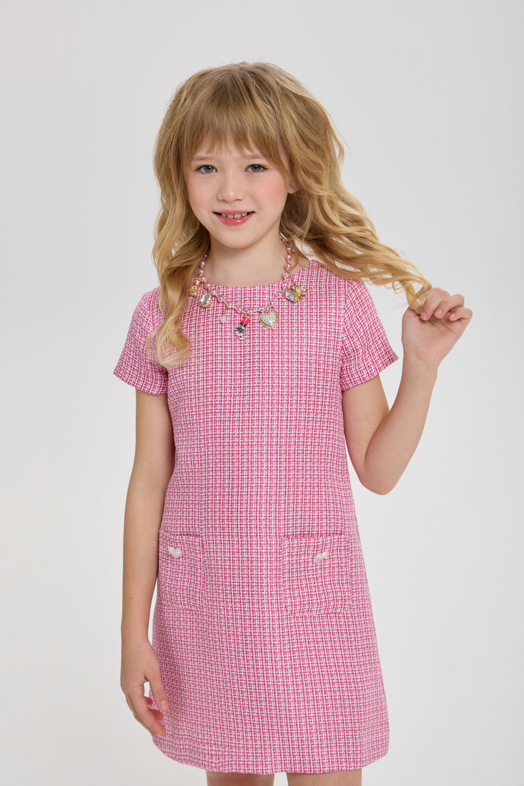 Stylish Tweed Dress with Beautiful Necklace