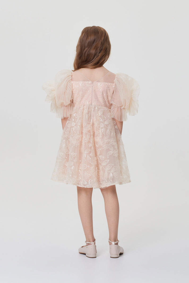 Balloon Sleeves Sequins Embroidered Dress