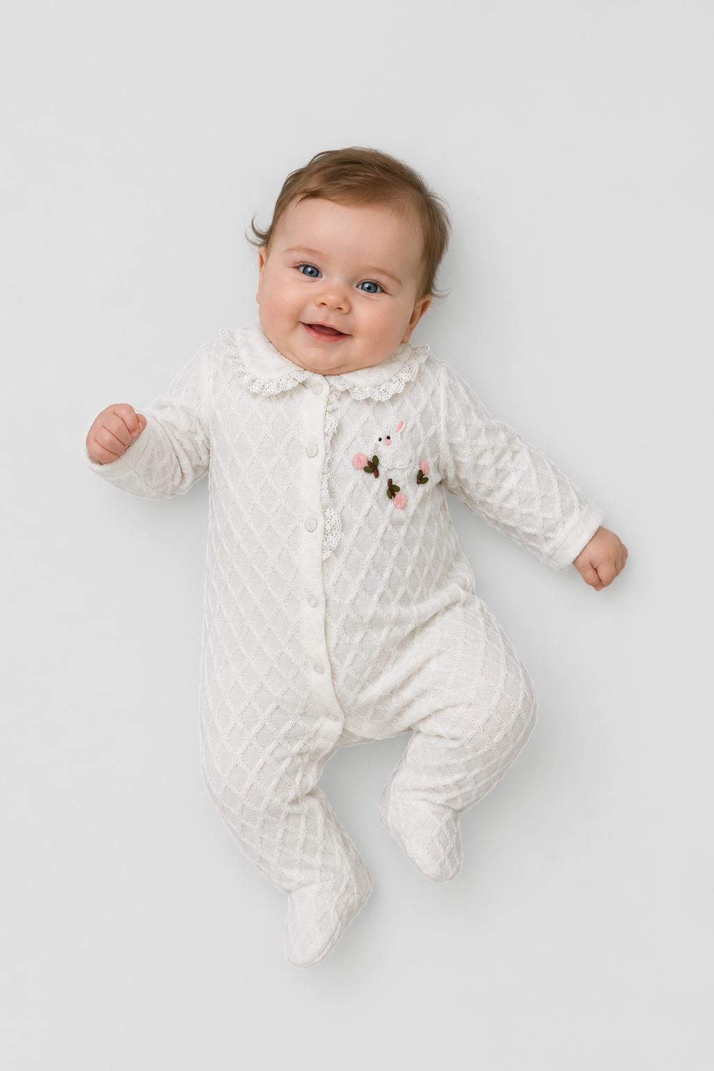 Delicate Milky Overall with laces and bunny applique for baby girl