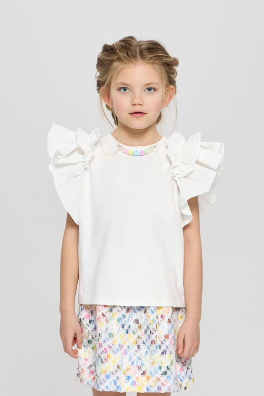 Wing Sleeves Top with Decor, white