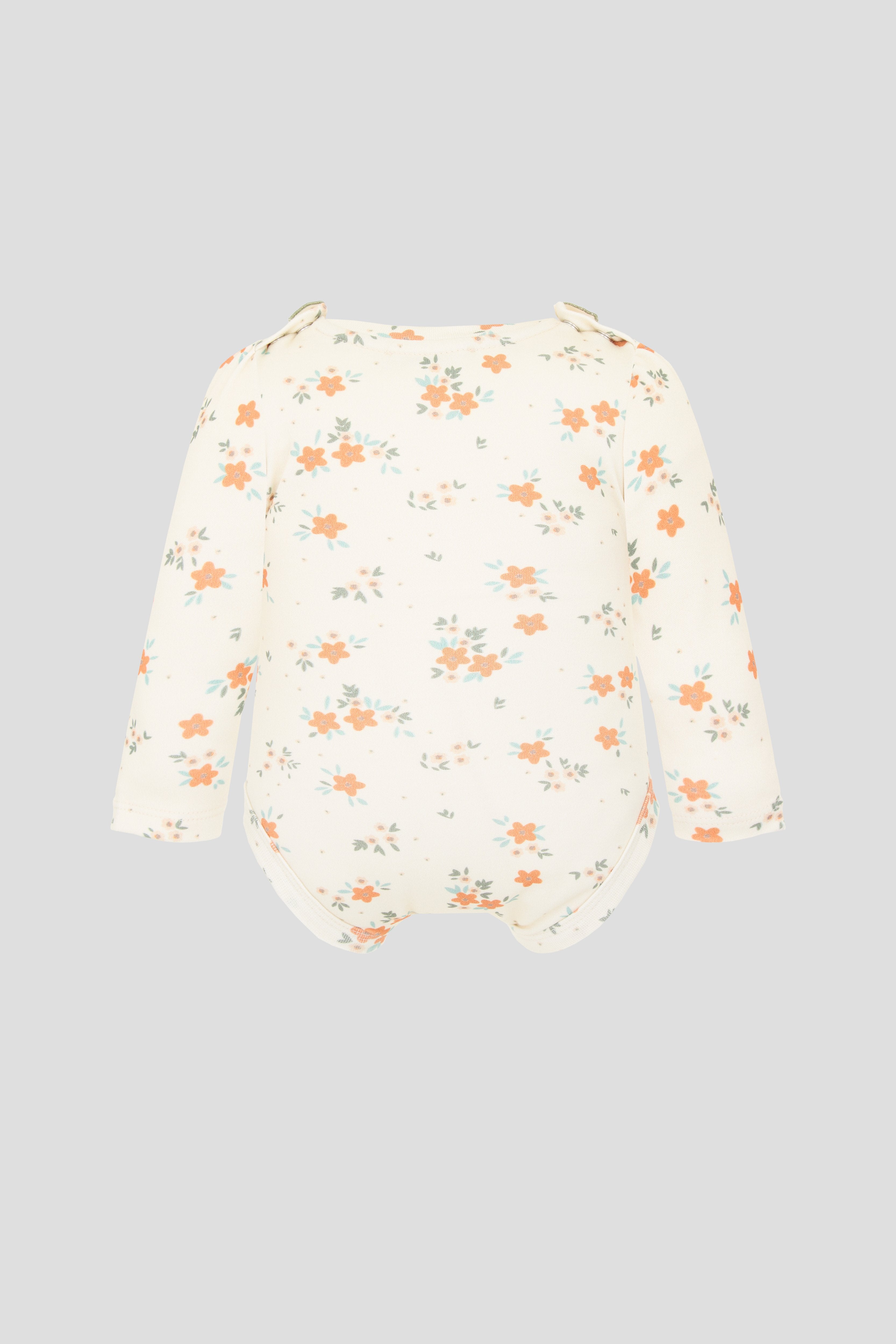AOP bodysuit; footed pants; bonnet