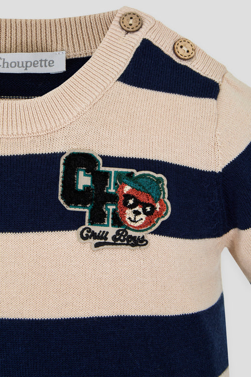 Beige & Navy Striped Cotton Teddy Jumper