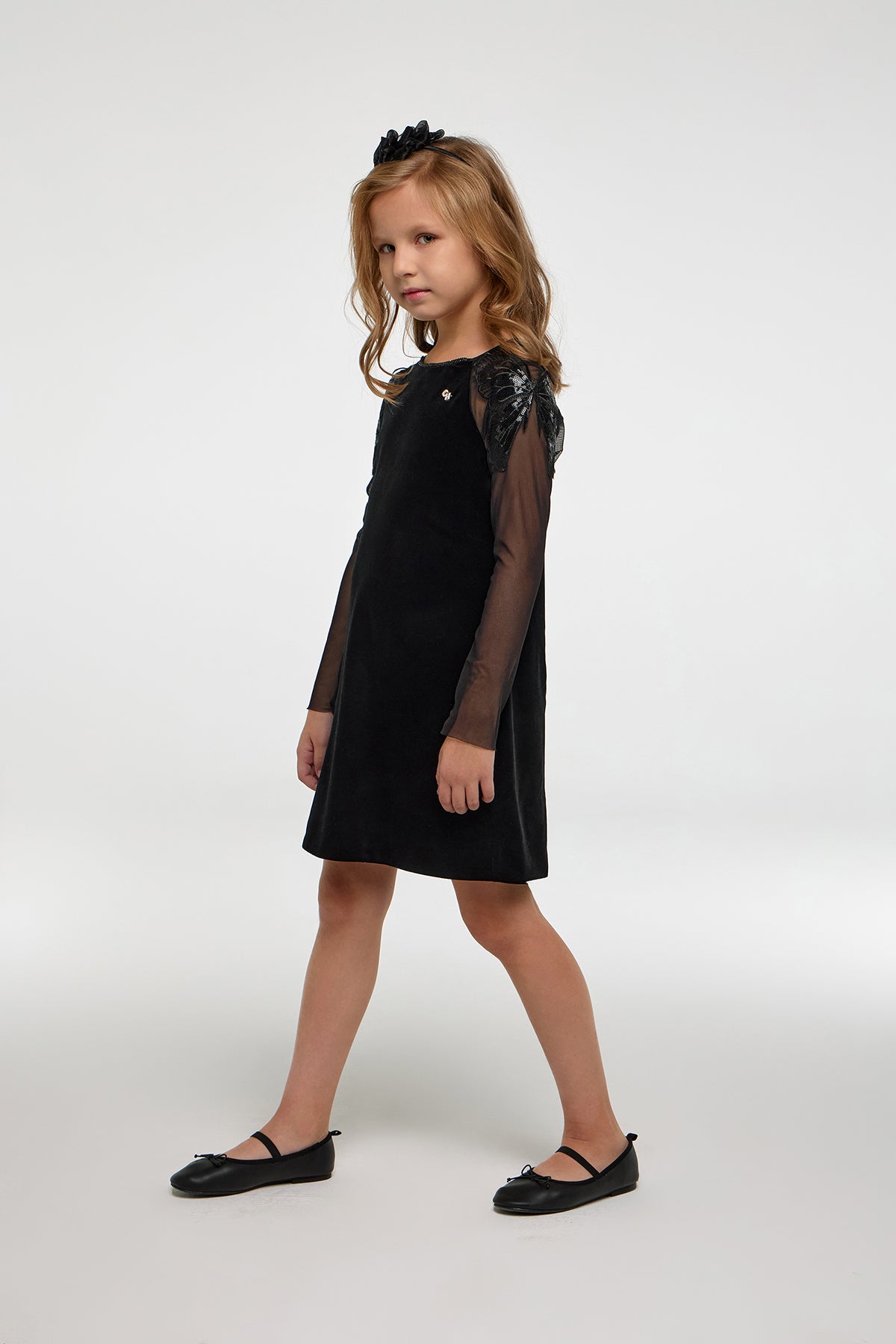 Velour Dress full sleeves with butterfly decoration for girl