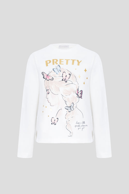 Long sleeve tee with a print of a girl with her hair loose