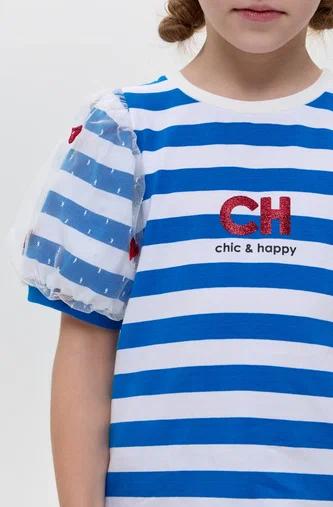 Flouncy Hearts Sleeves T-shirt, blue stripes
