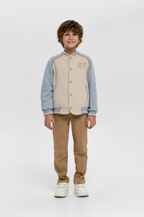 Beige & Blue Cotton-Blend Bomber Jacket