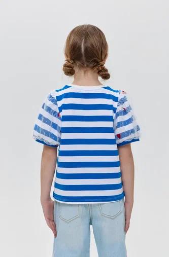 Flouncy Hearts Sleeves T-shirt, blue stripes